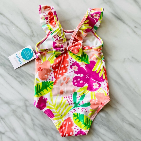 Carter’s•NWT•12m•1-Piece Floral Swimsuit•Ruffled Front+Straps~Bow•Diaper Snaps - Picture 3 of 12